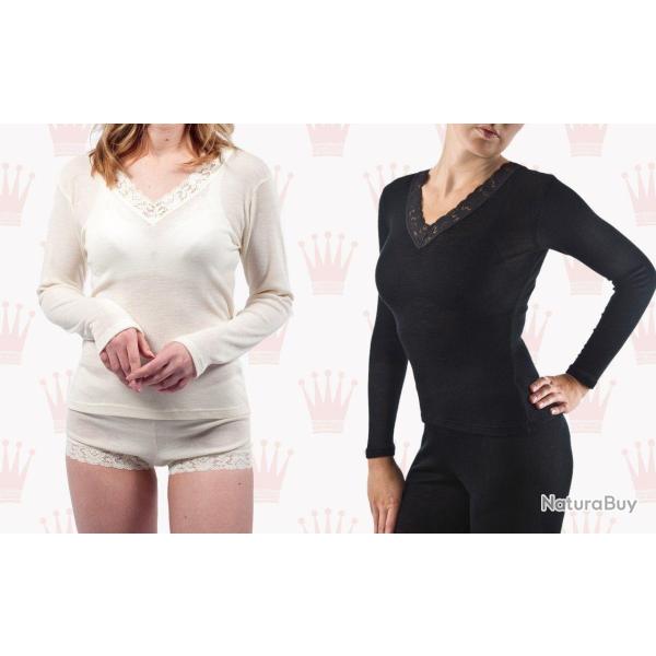 Maillot femme d�collet� V dentelle laine m�rinos et soie manches longues noir ou �cru noir 2XL