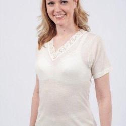 T-shirt femme col V laine m&eacute;rinos et soie manches courtes blanc &eacute;cru M (m&eacute;dium)
