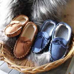 Chaussons mocassins homme chauds en peau d agneau v&eacute;ritable bleu marine navy