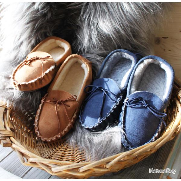 Chaussons mocassins homme chauds en peau d agneau v�ritable bleu marine navy