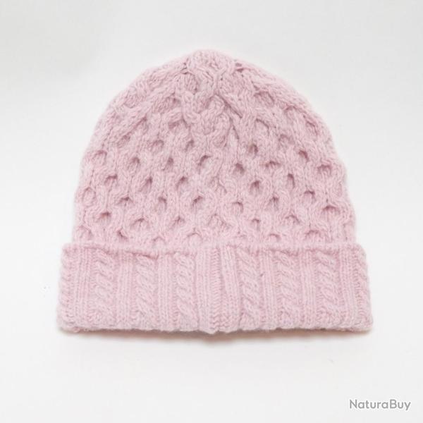 Bonnet cachemire et laine avec grosses torsades  rose pale
