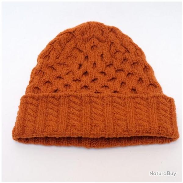 Bonnet cachemire et laine avec grosses torsades rouille