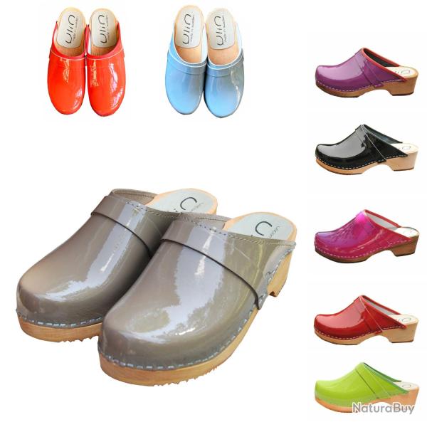 Sabot femme et homme su�dois bois et cuir vernis cuir vernis rose fushia