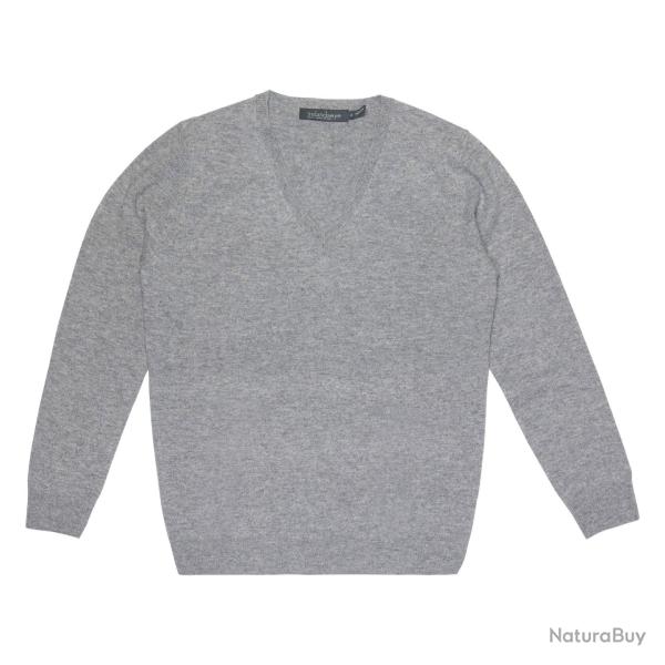Pull fin femme col V en pure laine m�rinos offre sp�ciale M (m�dium) gris moyen