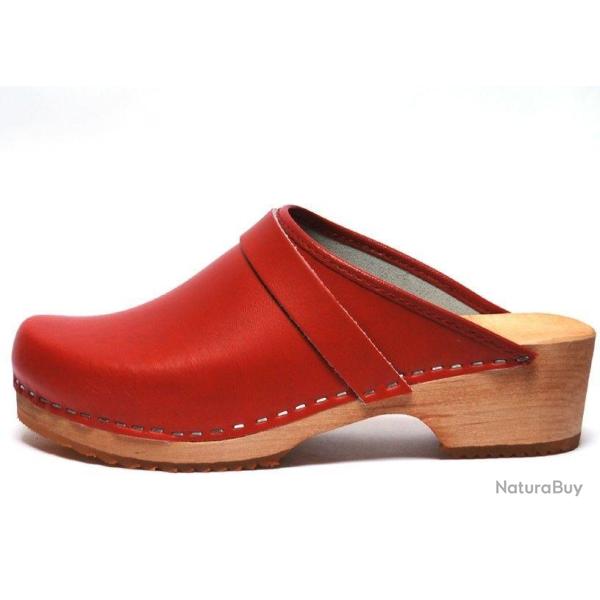 Sabot femme su�dois bois et cuir vif rouge