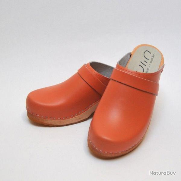 Sabot femme sudois bois et cuir vif orange papaye 35