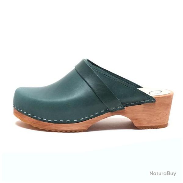 Sabots pour femme su�dois bois et cuir tannage v�g�tal Vert bleut� Veg