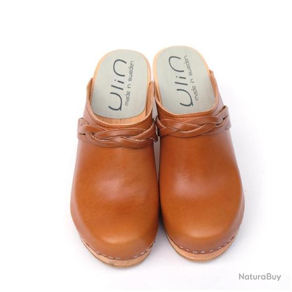 Sabots femme talons hauts su�dois en bois et cuir avec tresse cuir cognac Veg