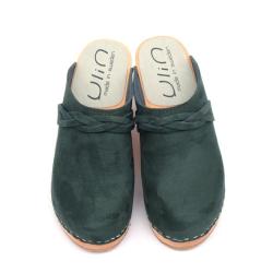 Sabots femme talons hauts su&eacute;dois en bois et cuir avec tresse vert kaki