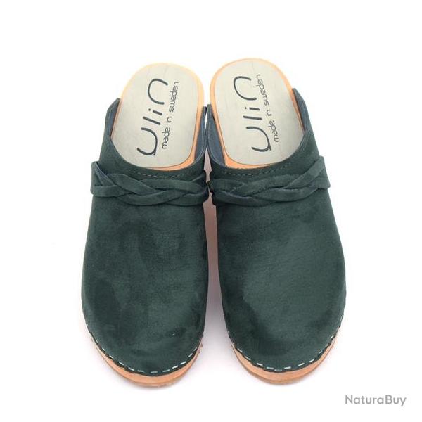 Sabots femme talons hauts su�dois en bois et cuir avec tresse vert kaki
