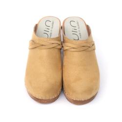Sabots femme talons hauts su&eacute;dois en bois et cuir avec tresse nubuck beige