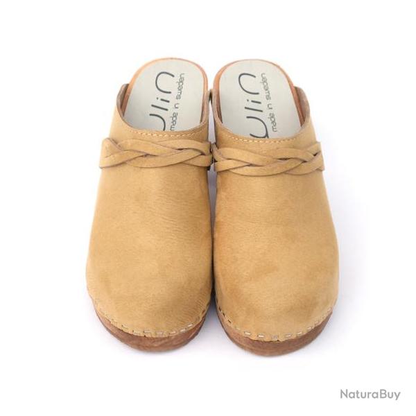 Sabots femme talons hauts su�dois en bois et cuir avec tresse nubuck beige