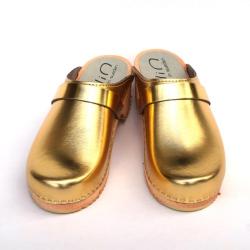 Sabot femme su&eacute;dois bois et cuir argent. gold ou bronze M&eacute;tal dor&eacute;