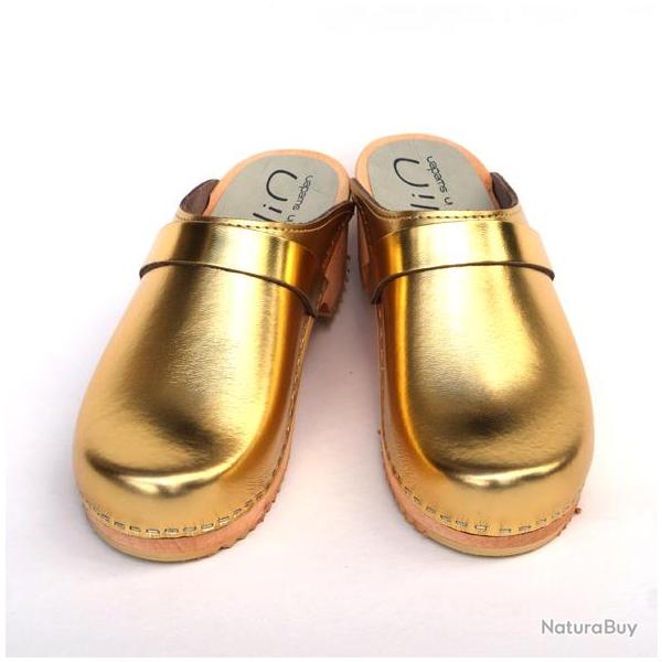 Sabot femme su�dois bois et cuir argent. gold ou bronze M�tal dor�