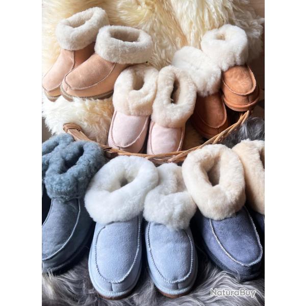Chaussons chauds en peau de mouton Femme et Homme gris clair