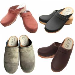 Sabot su&eacute;dois femme cuir gras ou nubuck velours p&ecirc;che et bois nubuck noir