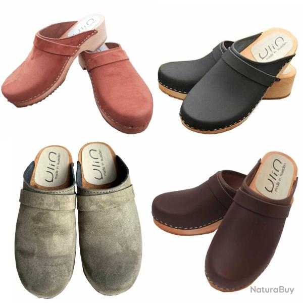 Sabot su�dois femme cuir gras ou nubuck velours p�che et bois nubuck choco