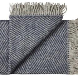 Plaid pure laine vierge scandinave &agrave; chevrons bleu marine navy