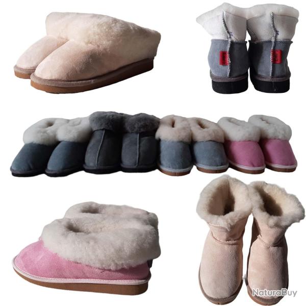 Chaussons chauds femme en peau de mouton rose