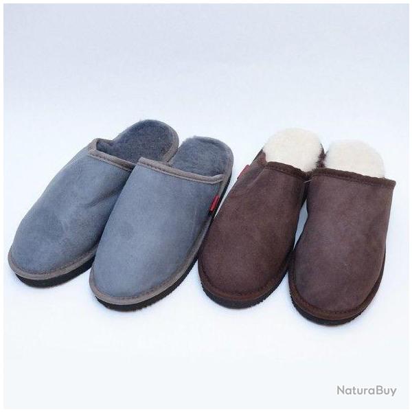 Chaussons homme chauds mules nordiques en peau d agneau gris anthracite