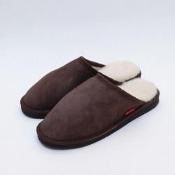 Chaussons homme chauds mules nordiques en peau d agneau marron fonc&eacute;
