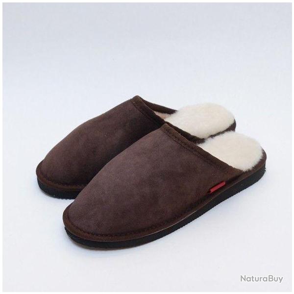 Chaussons homme chauds mules nordiques en peau d agneau marron fonc�