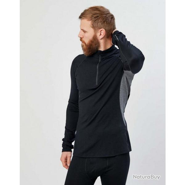 Polo homme manche longue sport laine m�rinos Zip col protecteur noir noir L (large)