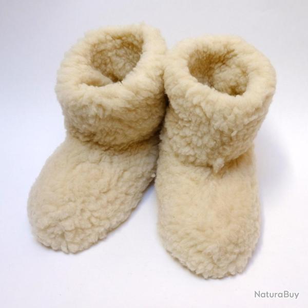 Chaussons boots enfant chauds en pure laine blanc �cru 33/34