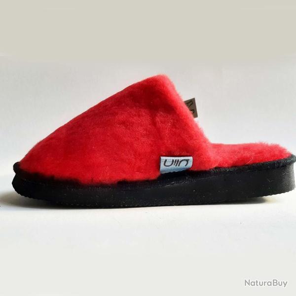 Chaussons chauds mules en peau de mouton femme rouge ou blanc rouge