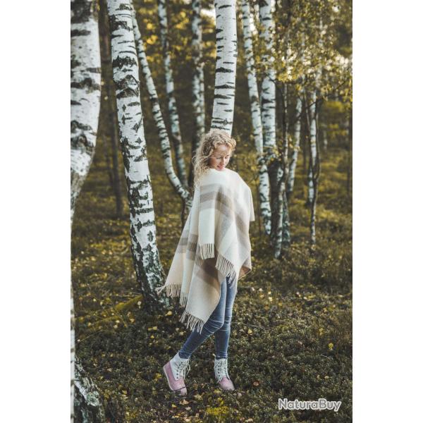 Manteau Cape femme en pure laine vierge beige fonc� carreaux