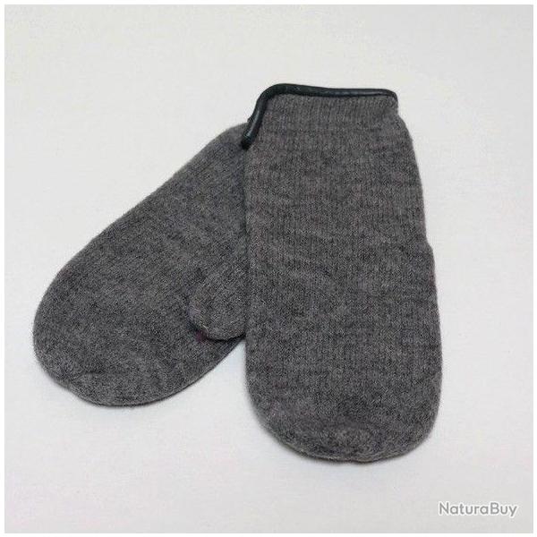 Moufles femme pure laine m�rinos bord cuir v�ritable gris