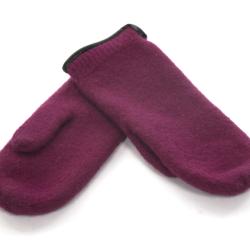 Moufles femme pure laine m&eacute;rinos bord cuir v&eacute;ritable rose framboise