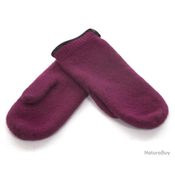 Moufles femme pure laine m�rinos bord cuir v�ritable rose framboise