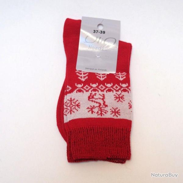 Chaussettes chaudes laine m�rinos jacquard nordique rouge 43/45