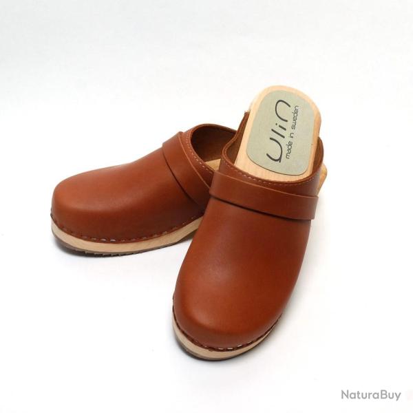 Sabots femme et homme en bois et cuir pour pieds fins cuir auburn veg