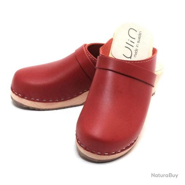 Sabots femme et homme en bois et cuir pour pieds fins 41 cuir rouge cardinal
