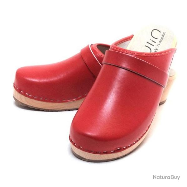 Sabots femme et homme en bois et cuir pour pieds fins cuir rouge �carlate