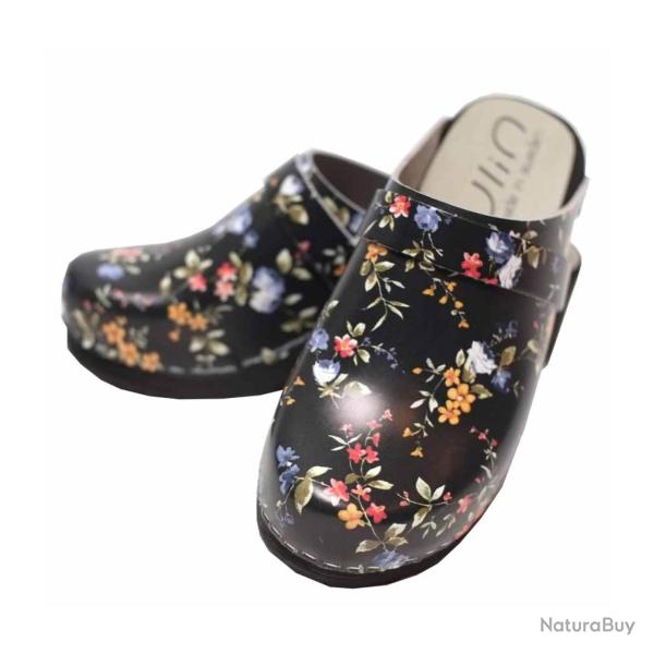 Sabots bois su�dois cuir liberty noir femme noir