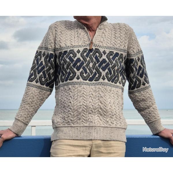 Pull Homme irlandais chaud jacquard pure laine m�rinos 2XL blc ecru beige clair