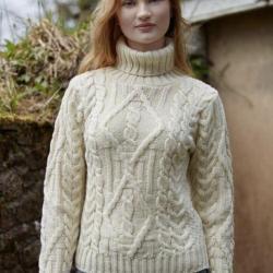 Pull Femme col roul&eacute; court en pure laine m&eacute;rinos rouge ou &eacute;cru blanc &eacute;cru M (m&eacute;dium)
