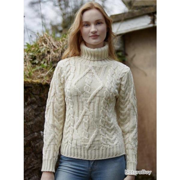 Pull Femme col roul� court en pure laine m�rinos rouge ou �cru blanc �cru M (m�dium)