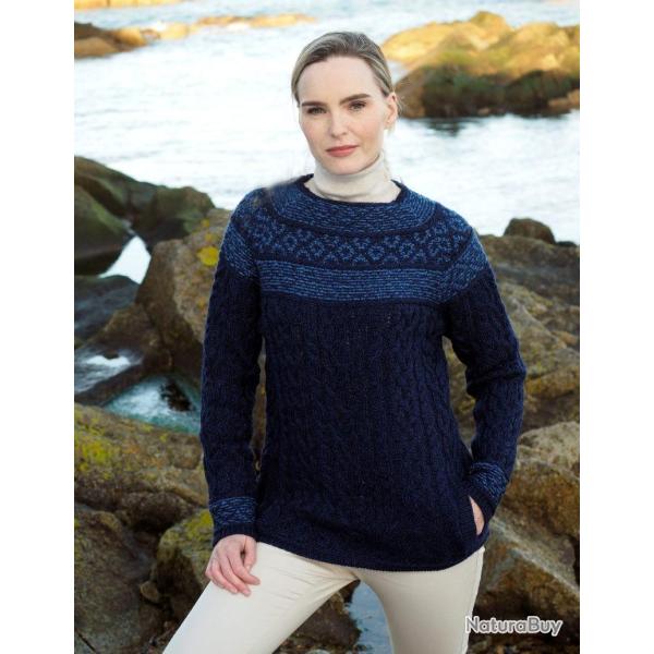 Pull Femme jacquard irlandais aran en pure laine mrinos motif Fairisle S (small) bleu nuit