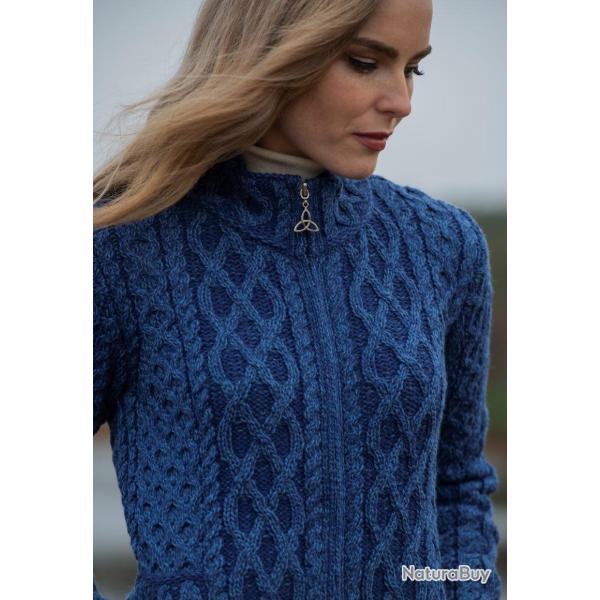 Gilet cardigan chaud Femme � Zip pure laine m�rinos bleu, �cru ou gris bleu 2XL