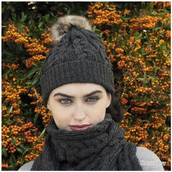 Bonnet chaud laine m�rinos c�tes avec pompon gris anthracite