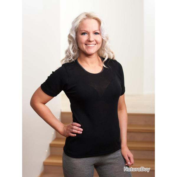 T-shirt femme col rond laine et soie manches courtes noir XS (extra small)