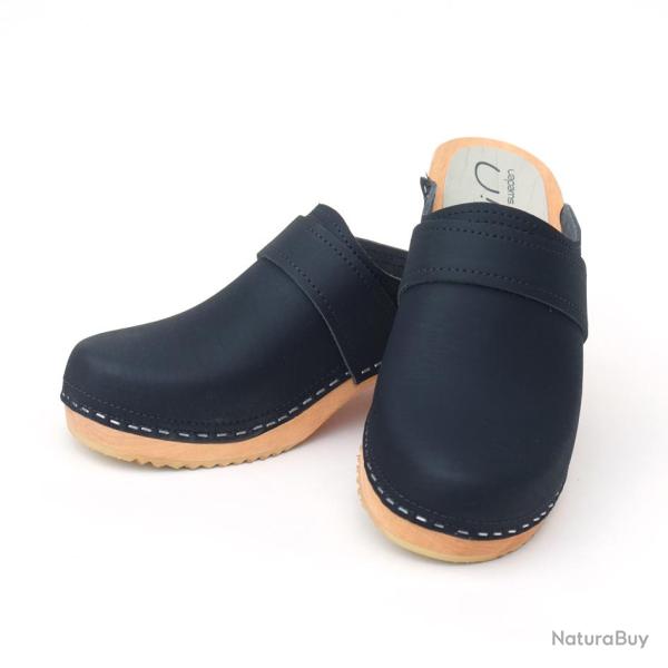 Sabots femme et homme sudois bois et cuir lisse ou mat cuir noir oil