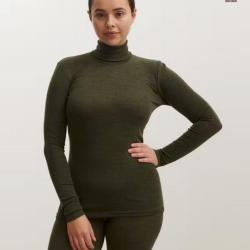 Pull femme chaud fin col roul&eacute; pure laine m&eacute;rinos femme vert kaki