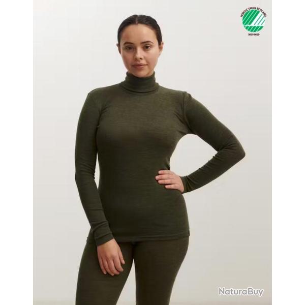 Pull femme chaud fin col roul� pure laine m�rinos femme vert kaki
