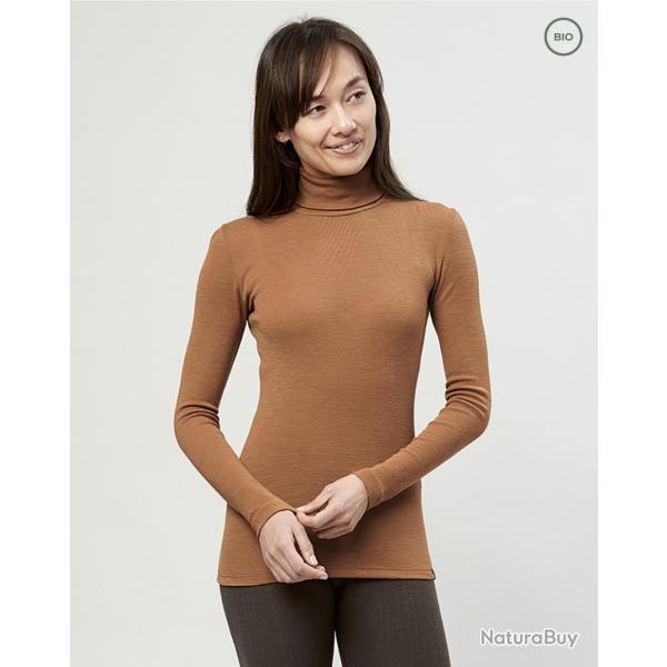 Pull femme chaud fin col roul� pure laine m�rinos femme camel 46