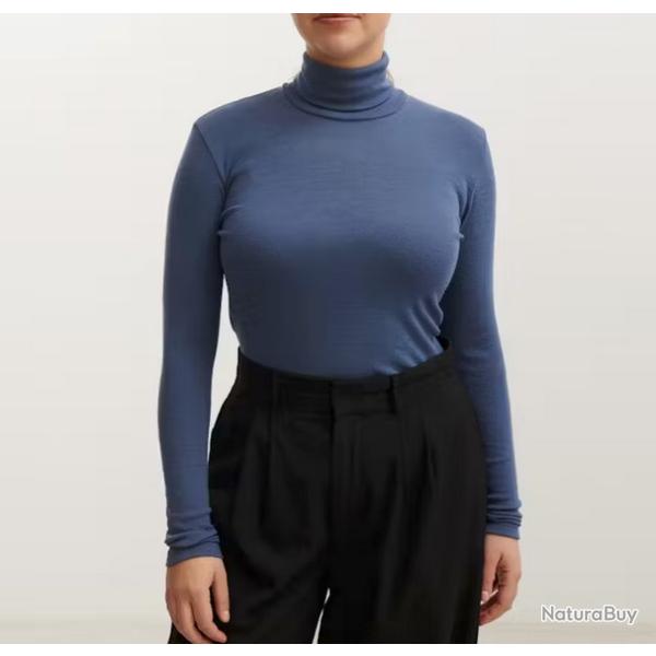 Pull femme chaud fin col roul� pure laine m�rinos femme Bleu gris